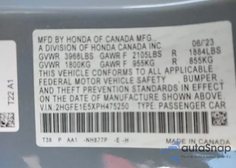 2023 Honda Civic Si Sedan из США, поврежденный, VIN 2HGFE1E5XPH475250